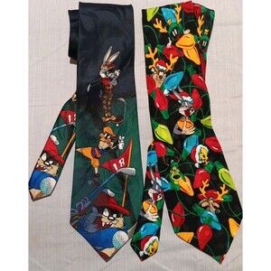 Lot of 2 Vntg Looney Tunes Mania Silk Ties Taz Bugs Daffy Tweety Golf Christmas